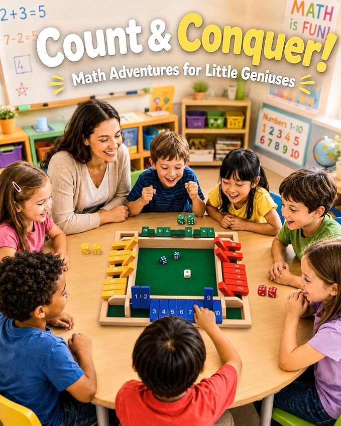 Upgraded 8.7-inch Shut the Box Game, Easy Quick and Fun Educational Math Game with 2 Symbolic Dice, 1-4 Players Wooden Board Games for Family Night Classroom Party, Tabletop Games for Kid Adult Senior