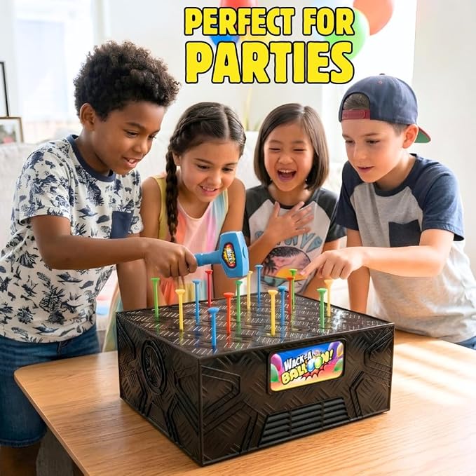 Wack A Balloon Party Edition Pop Game for Kids & Adults, Family Fun | 400 balloons, 200 nails, 4 hammers, 28 challenge cards, spinner, inflator, reusable ties, ages 4+