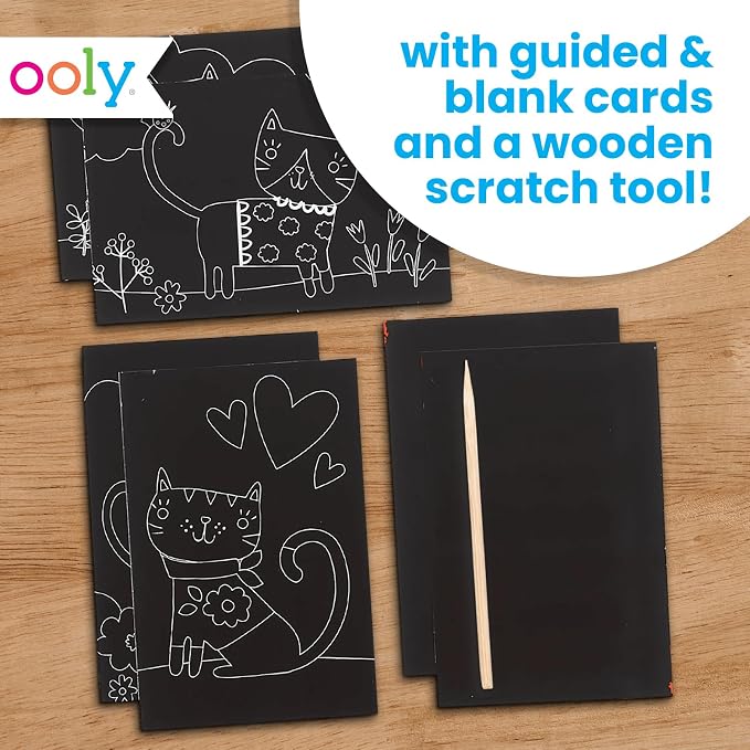 Ooly Mini Scratch & Scribble Art Kit, 6 Cards – Cutie Cats | Ages 6+, Wooden Stylus Included, Compact Car and Airplane Travel Activity, Screen-Free Craft, Fun Gift for Kids