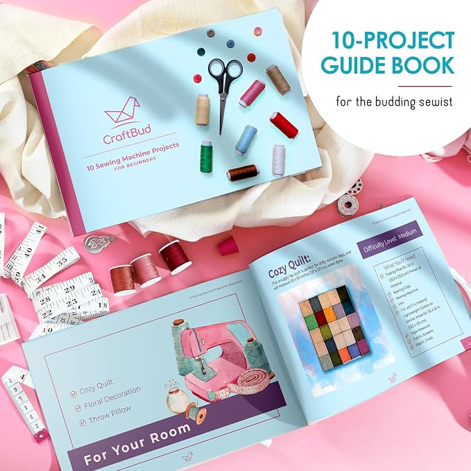 CraftBud Mini Sewing Machine for Beginners, Adults and Kids Sewing Machine | 122-Piece Sewing Kit Accessories, Portable, Dual Speed, Extension Table, Foot Pedal, Built-in Light, Guide Book & More, White