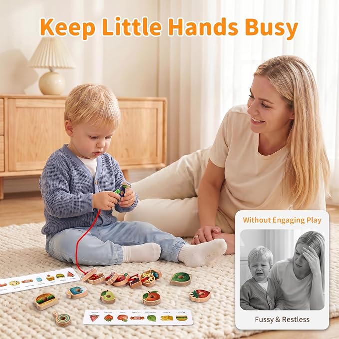 Wooden Greedy Caterpillar Lacing Toy, Fine Motor Game, Ages 2-5 | 18 fruit and vegetable beads, 8 pattern cards, storage bag and box for lacing, sorting, matching, and travel play