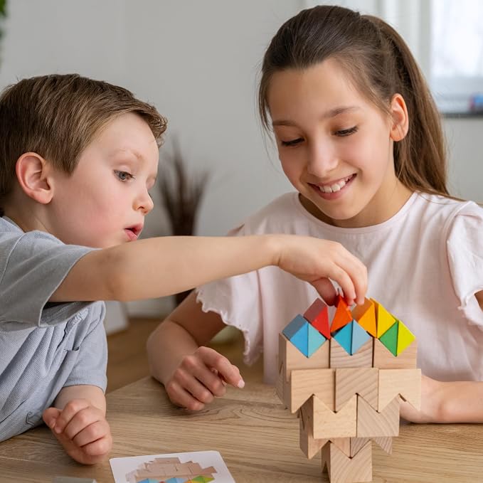 HABA Creative Building Blocks - Colourful Building Set with 32 Wooden Building Blocks & 10 Template Cards - Promotes Creativity, Spatial Thinking & Fine Motor Skills - From 4 Years - 2012606001