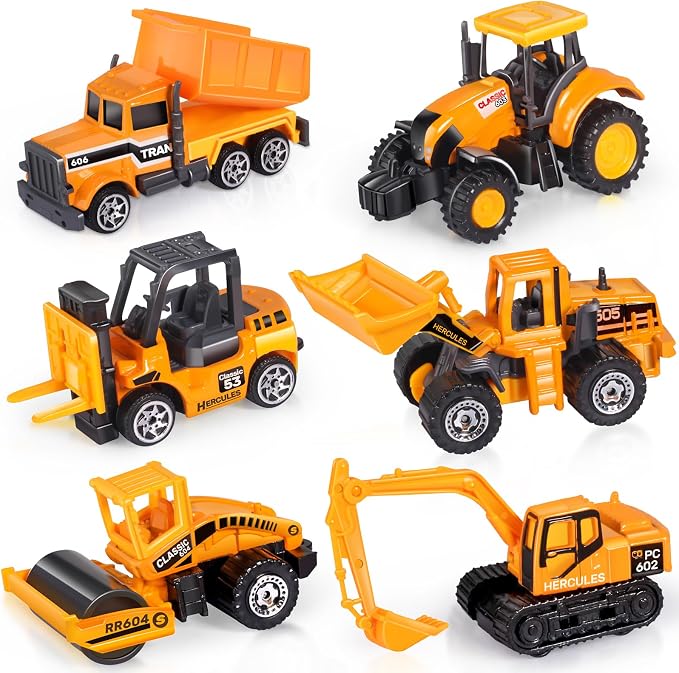 Oriate Diecast Small Toy Construction Vehicles, 6PCS Construction Toys Set | Bulldozers Forklift Excavator Alloy Construction Trucks, mini Toy Cars Model for Kids 3-5, Boys Girls Birthday Christmas Gift