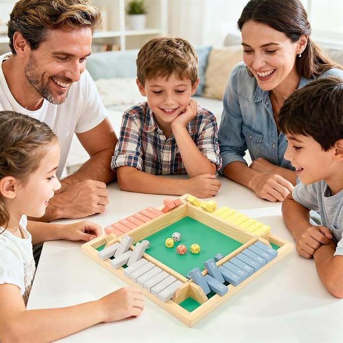 WOOD CITY Shut The Box Game Wooden 4 Player, Classic Board Game for Kids & Adults, Educational Math Learning Toy, Table Dice Game for The Party Family or Bar - 12 Inch with 8 Dice Morandi Color