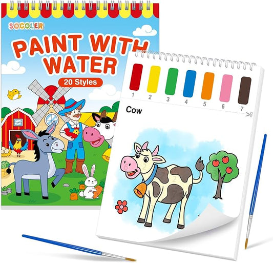 SOCOLER Paint with Water Coloring Books for Toddlers,Farm Theme Mess Free Watercolor Painting Papers for Kids Water Color Paint Kit Art Craft Birthday Gift for Ages 1-3, 4-8