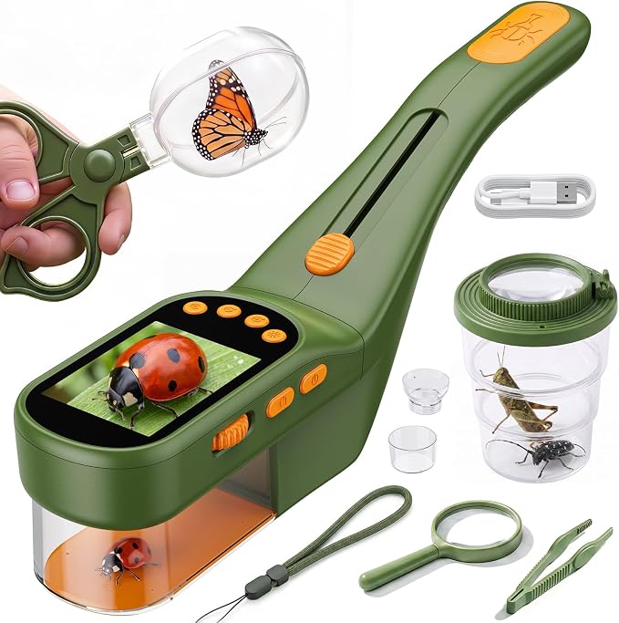 Bug Catcher for Kids with Kids Microscope, 500X Zoom Camera Toy | 9-in-1Handheld Bug Catcher Kit with 2.4" IPS Screen, Photo Video Recording, Led Lights for Outdoor Exploration STEM Toy