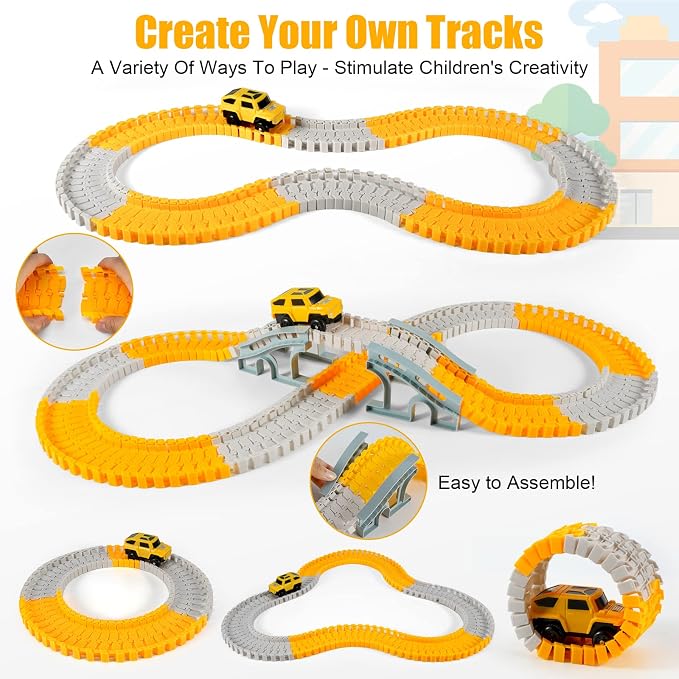 260PCS Construction Race Car Track Set for Kids Toys | 2 Electric Cars, 4 Construction Cars, 1 Map & Flexible DIY Track Set, Engineering Toys for 3 4 5 6 Year Old Boys Girls