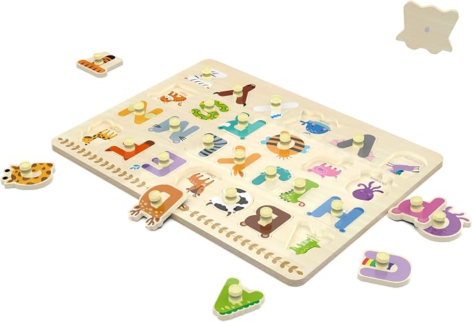 Wooden Peg Puzzle for Toddlers, Alphabet Learning Toys, Baby Puzzles Alphabet Board for Kids, Preschool Knob Puzzle for Boys Girls, Chunky ABC Shape Puzzles for 2 3 4 Year Old