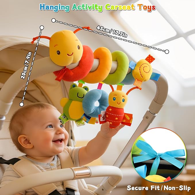 Spiral Car Seat Toys for Babies 0-12 Months | Baby Sensory Soft Plush Hanging Toys, Stroller Crib Accessories, Essentials for Expecting Moms, Baby Shower Registry Gift