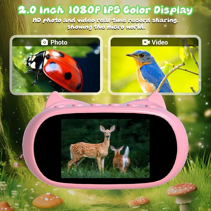 2.0" Pocket Kids Microscope, 2 in 1 1000X Handheld Digital Microscope & 10X Telescope for Kids - Science Kits STEM Toys - Gifts for Girls Boys Ages 3 4 5 6 7 8 9 10 11 12（Pink）