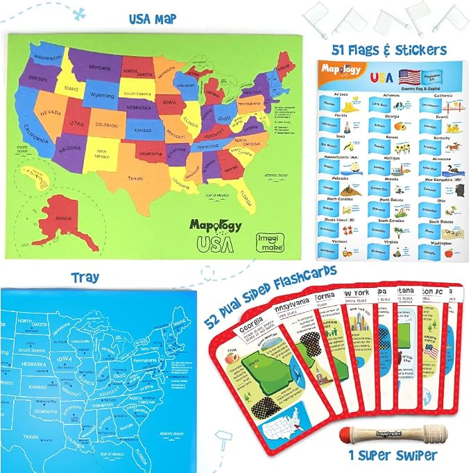 Imagimake Mapology - USA Map Puzzle with Flash Cards for Kids Ages 8+ | Educational Geography Toy, Learn 50 States with 750+ Facts of USA, Gift for Girls & Boys Ages 8,9,10,11,12 Years Old
