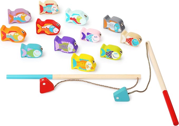 CUBIKA Wooden Fishing Game – Magnetic Fishing Toy for Kids Ages 2+ – Montessori Fine Motor Skill Game with 2 Rods – FSC-Certified Wood, German Water-Based Paints