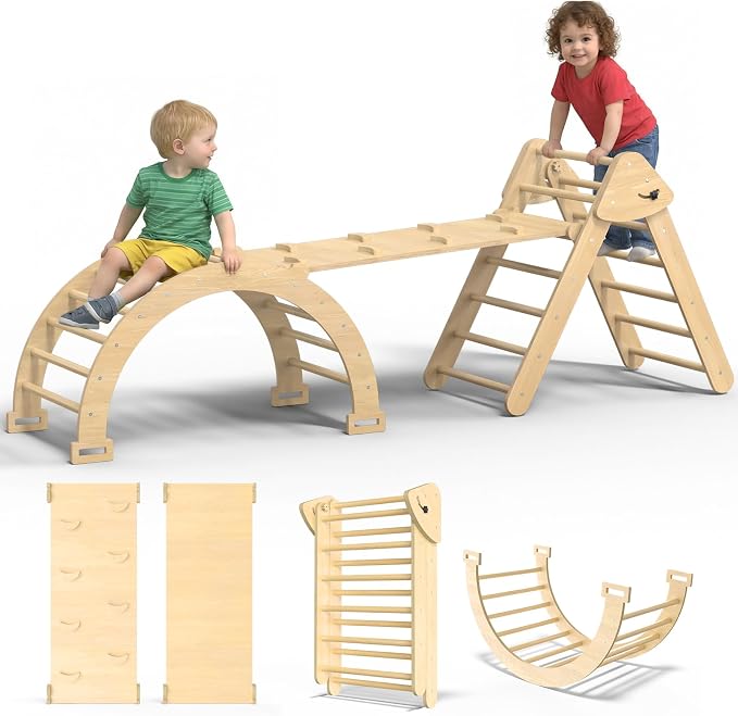 Large Pikler Triangle Set, 7-in-1 Toddler Climbing Toys Indoor, Wooden Montessori Climbing Set with Arch Ramp Ladder, Foldable Baby Jungle Gym Playground (Wood)