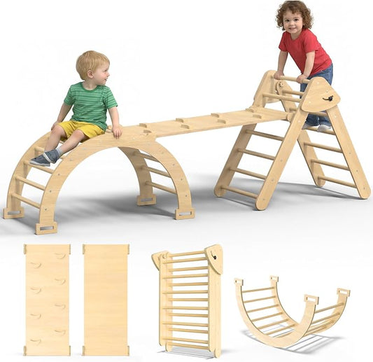 Large Pikler Triangle Set, 7-in-1 Toddler Climbing Toys Indoor, Wooden Montessori Climbing Set with Arch Ramp Ladder, Foldable Baby Jungle Gym Playground (Wood)
