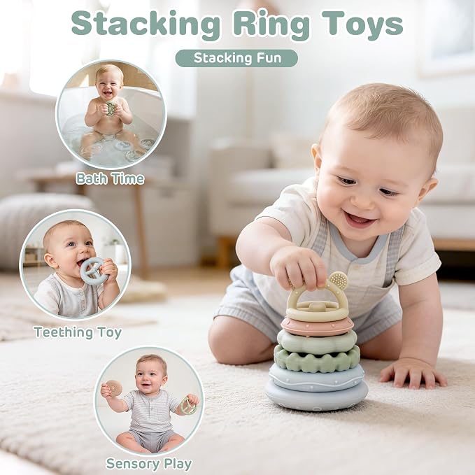 Baby Toys 6-12 Months,Montessori Toys for Babies,Stacking Cups,Shape Sorter | Sorting & Stacking Toys, Sensory Balls, Silicone Teething Toys for 6+ Months, Newborn Toys, Neutral Color Gift for Boys Girls