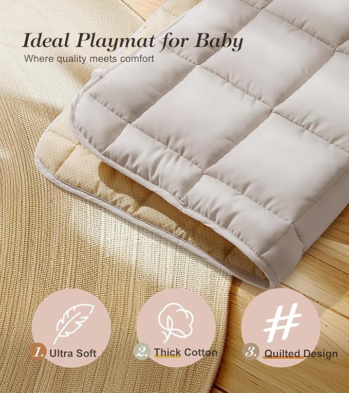 Wooden Play Gym with Beige Mat, Foldable Baby Play Gym, Infant Activity Mat with 6 Hanging Toys, Natural Pine Wood Frame Activity Center, Easy to Assemble & Clean, Newborn Present for Boys & Girls