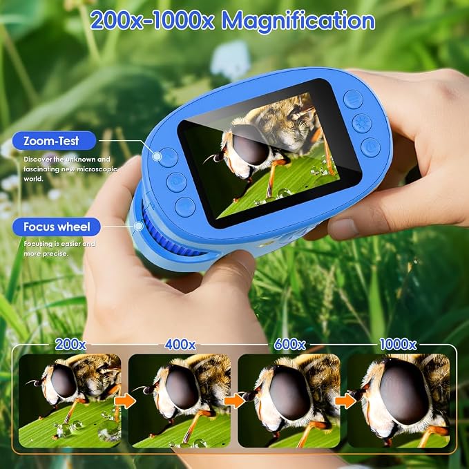 Temodu Kids Microscope 2.0" Screen 1000X Digital Microscope for Kids, Mini Pocket Handheld Microscopes for Children Birthday Festival Gift, Science Education Fun Toys for Boys Girls Ages 4-12 (Blue)
