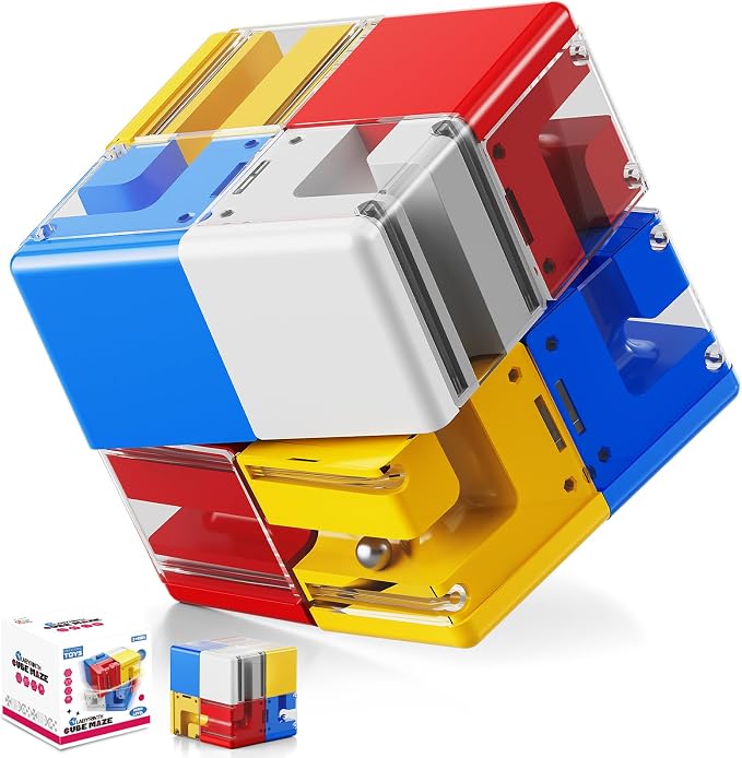 3D Maze Cube Ball Puzzle Brain Teaser for Adults & Kids, Educational Learning Toys Logical Thinking, Family Board Games Tabletop, Durable Puzzle Cube (White&Blue&Red&Yelllow-C, 2.8x2.8x2.8)