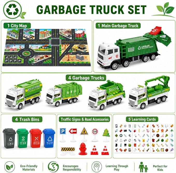 Cinrobiye Garbage Truck Recycling Activity Set with Trash Bins, Sorting Cards, City Map, Road Signs & Vehicles, Earth Day Supplies for Classroom Projects, Environmental Awareness Activities