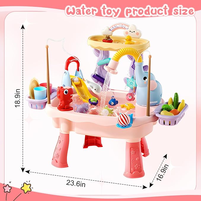 Sand and Water Table for Kids with Electric Pump, 4-in-1, Pink | 4-in-1 sand and water table with electric pump, play kitchen sink and fishing accessories for indoor or outdoor sensory play.