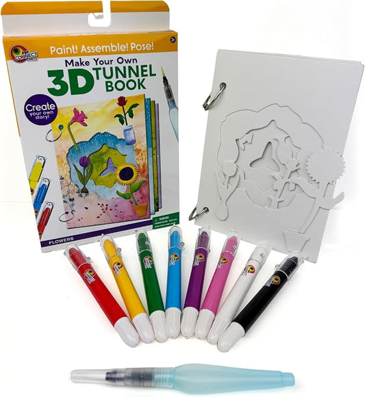 Flowers & Pots Mini 3D Tunnel Book – Hands-on Paper Craft Kit | Build, color & create a pop-in book! Mini animals, watercolor pastels & water brush included. Portable, screen-free fun! 3+