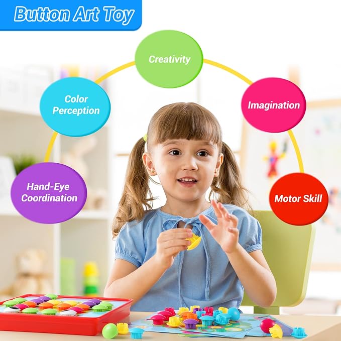 Geekper 68PCS Button Art Toys for Toddlers Color Matching Mosaic Pegboard | Early Learning Educational Toys for 3, 4, 5, 6 Year Old Kids Boys and Girls Easter Gifts, 10 Pictures and 58 Buttons