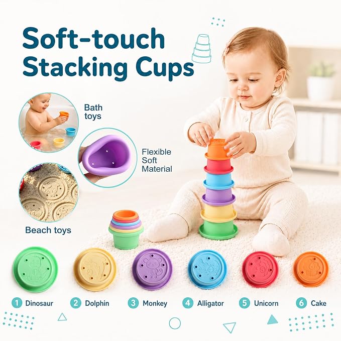 Baby Stacking Toys with Stacking Rings & Shape Sorter for 12+ Months | Stacking Rings Baby Toy with Color Sorting & Matching Play, 3 in 1 Learning Toy for 1 Year Olds