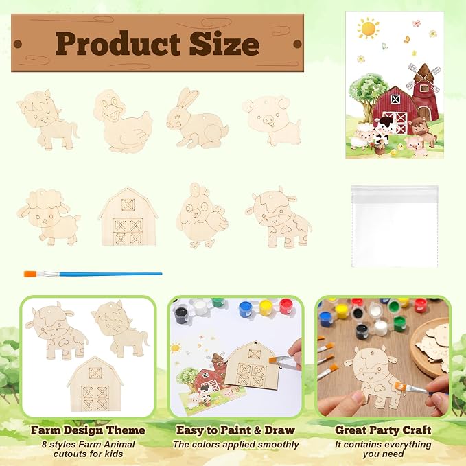 24 Pcs Farm Animals Party Favors Wooden Paint Craft Kits | Farm Theme Birthday DIY Activity, Animal Shapes with Barn,Organza Bags for Goodie Bag Fillers