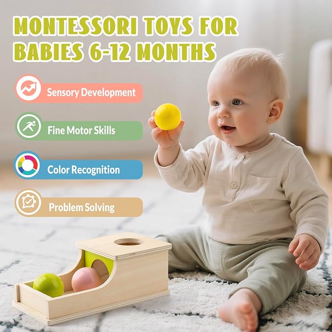 Montessori Toys for 6 Month Old, Object Permanence Box with Three Balls | 8 Month Old Baby Toys, Wooden Preschool Infant Toys 6-12 Months Developmental, Cause and Effect Ball Drop Toy
