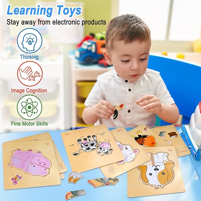 8pcs Wooden Puzzles for Toddlers 1-2-3-4, Farm Puzzles Ages 1-2-3-4 | Toddler Montessori Educational Jigsaw Toys, Preschool Puzzle Christmas Birthday Gift for Kids Girl Boy 1-4 Year Old
