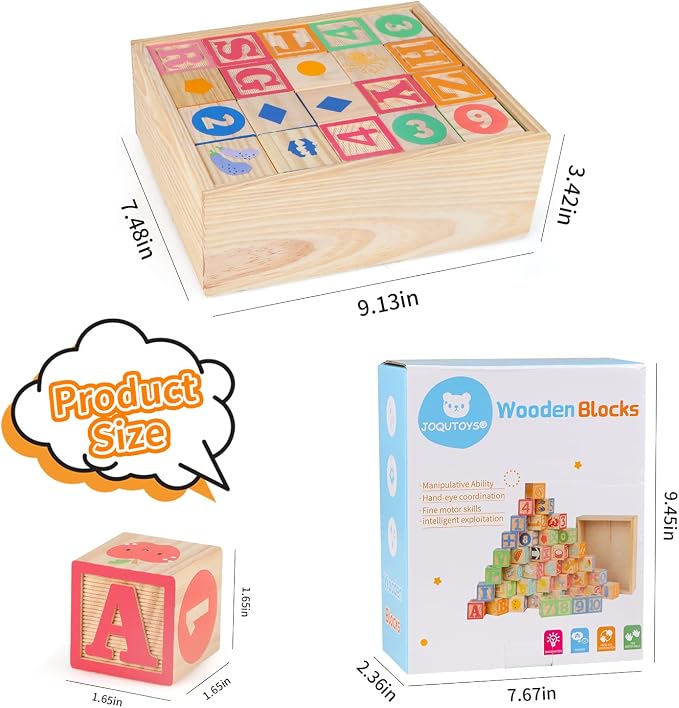 ABC Wooden Building Blocks for Toddlers 3 Large, 40 PCS Alphabet & Number Stacking Blocks with Storage Tray, Montessori Educational Learning Toys for Boys Girls Kids Gifts 1.65"