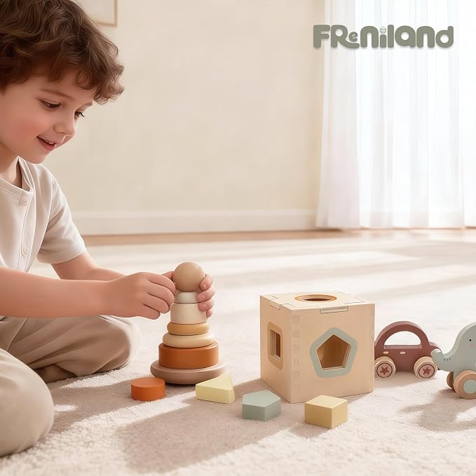 FReniland Wooden Baby Toy Set for 12M+, Montessori Grasping & Stacking Toys, Elephant & Car Sensory Toys, Natural Wood Fine Motor Skill Development Gift for Boys & Girls