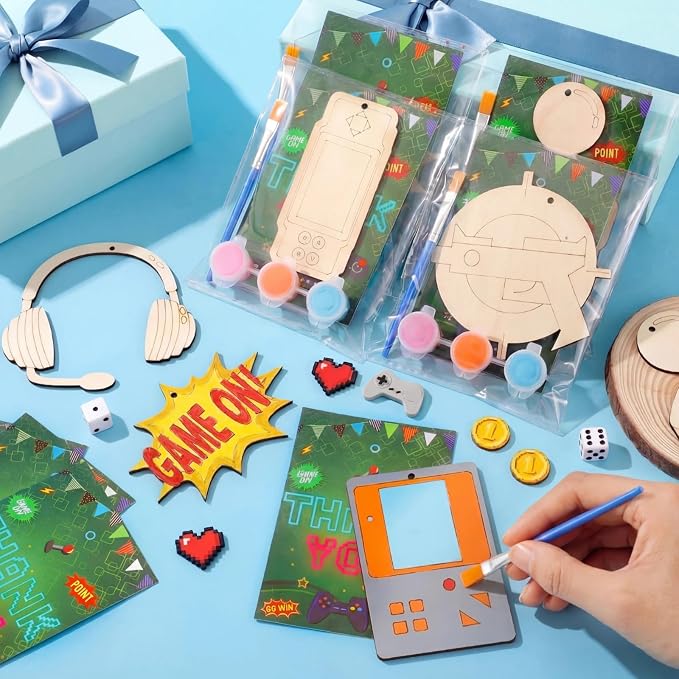 Saypacck 24 Pcs Video Game Party Favors Wooden Paint Craft Kits | DIY Craft for Kids Adults, Includes Brushes Paints Bags, Goodie Bag Fillers, Thank You Gifts, 8 Gaming Controller Designs