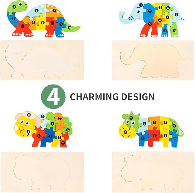 6 Pack Wooden Puzzles for Kids Ages 3-5, Animal Jigsaw Puzzles | 60 Pieces, CPC certified, with Numbers 1-10, Montessori Learning Toys, Educational Number Puzzle Gift Set, in Gift Box