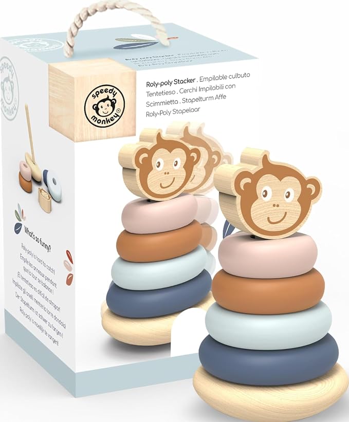 Roly Poly Stacker Toy for Toddlers Wobble Base FSC Wood | colorful rings, wobble base, FSC wood, ring stacker toy, sorting & stacking toys, toddler girl toys, sensory fine motor play