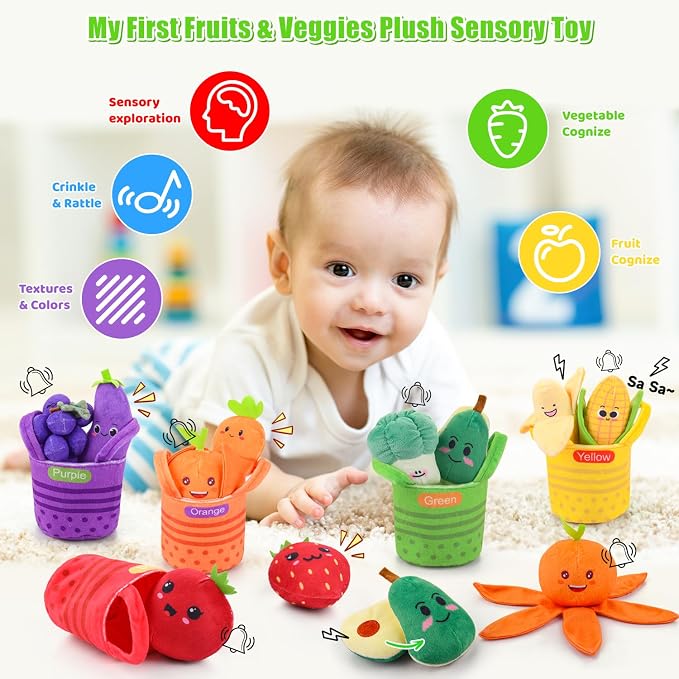 Baby Toys 6-12 Months, My First Fruits & Vegetables Sensory Toys with Rattle Crinkle Sounds Color Sorting Play 15 PCS, Montessori Toys for 1 Year Old, Toddler Stocking Stuffers Baby Boy Girl Gifts