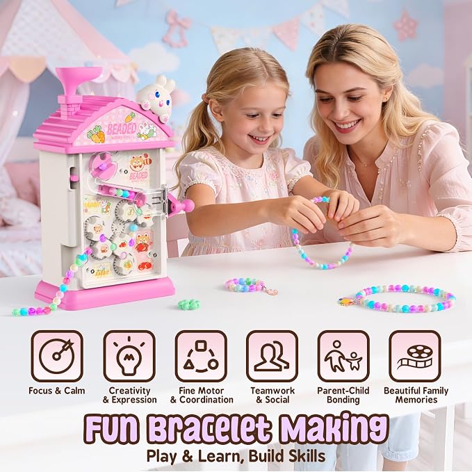 Bracelet Making Kit- Auto Beaded Jewelry Maker Toy Gift for Girls 6-12 | DIY Hand-Crank Pink House Kit, Inspires Creativity and Imagination, Friendship Bracelets, Birthday Gift, No Batteries MAGTHIC