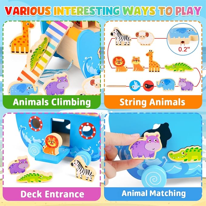ATOYUS Wooden Noah's Ark Toy for 2+ Year Old Kids Boy and Girl Baptism Gift | Montessori Educational Toy with Animal Shape Sorter, Christian Bible Story Book for Kids Ages 2-4, Christmas Birthday Gifts