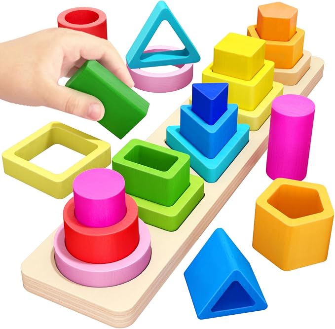 Montessori Toys for 1 2 3 Year Old Boys Girls Toddlers, Peg-Free Wooden Toy | Heightened Sorting Stacking Toys, Birthday Gift for Baby Kid Age 18+ Month, Preschool Nested 3D Shape Sorter Learning Blocks