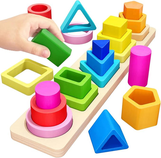 Montessori Toys for 1 2 3 Year Old Boys Girls Toddlers, Peg-Free Wooden Toy | Heightened Sorting Stacking Toys, Birthday Gift for Baby Kid Age 18+ Month, Preschool Nested 3D Shape Sorter Learning Blocks