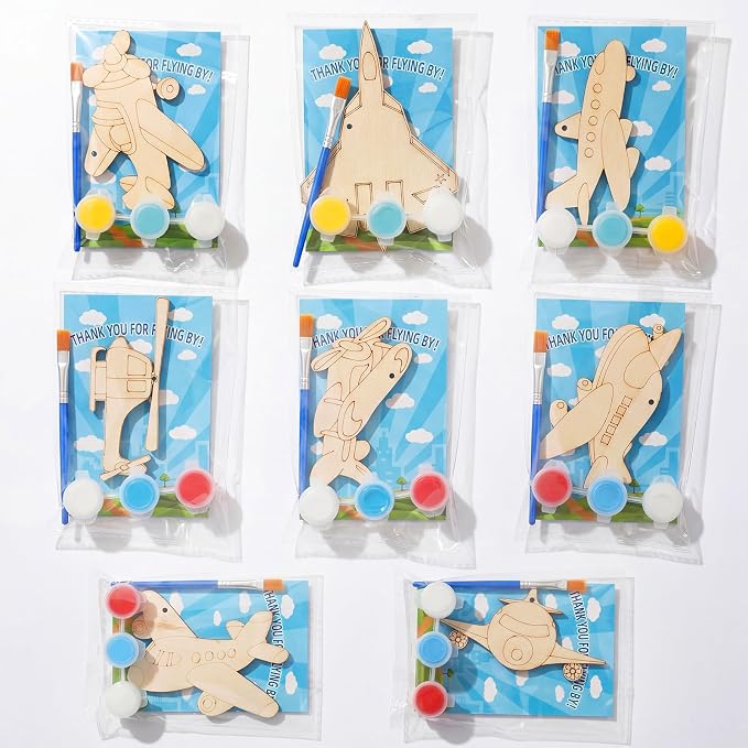 Saypacck 24 Pcs Airplane Party Favors Wooden Paint Craft Kits | DIY Painting Activity for Kids Parties, Includes Paints and Brush per Set, Goodie Bag Stuffers, Aviation Theme Projects