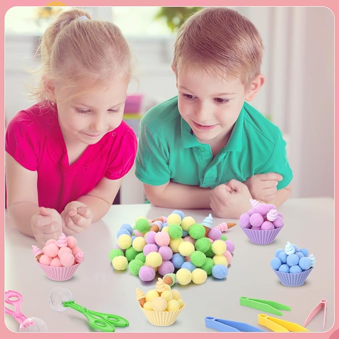 136 Pcs Ice Cream Sensory Bin Filler Counting Sorting Fine Motor Toys | 100Pcs Pom Pom 20Pcs Mini Ice Cream 10Pcs Sorting Cups 4Pcs Tweezers 2Pcs Scissors Clips for Preschool Early Education
