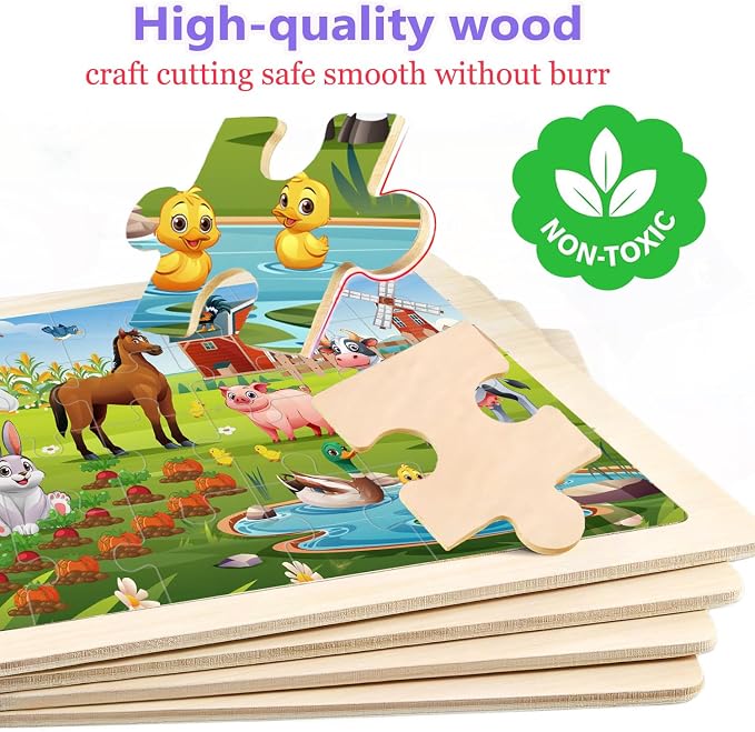 Wooden Puzzles for Kids Ages 4-6, 4 Packs 24 Pcs Wooden Jigsaw Puzzles for Toddlers Ages 3-5, Preschool Educational Puzzle Toys Gifts for 3 4 5 6 Boys Girls