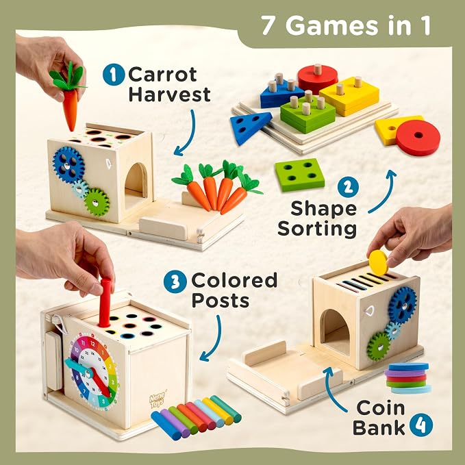 Nene Toys 7-in-1 Montessori Toy for 1 Year Old Baby – Wooden Activity Cube with Carrot Harvest, Shape Sorter & Stacking, Coin Box, Ball Drop, Gears & Clock – Gift for Toddler Boys & Girls 1 2 3 Years