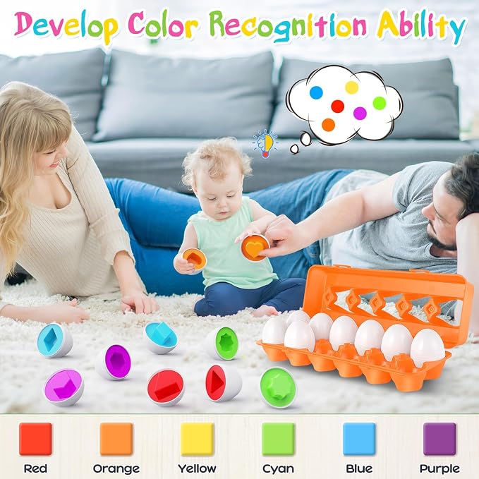 Matching Egg Toy 12 Pcs Develops Toddlers' Color & Shape Recognition Skills | Easter Basket Gift for Boys & Girls, Montessori Travel Toy for Kids 1-3, Fun Sorting Puzzle for Daily Early Education