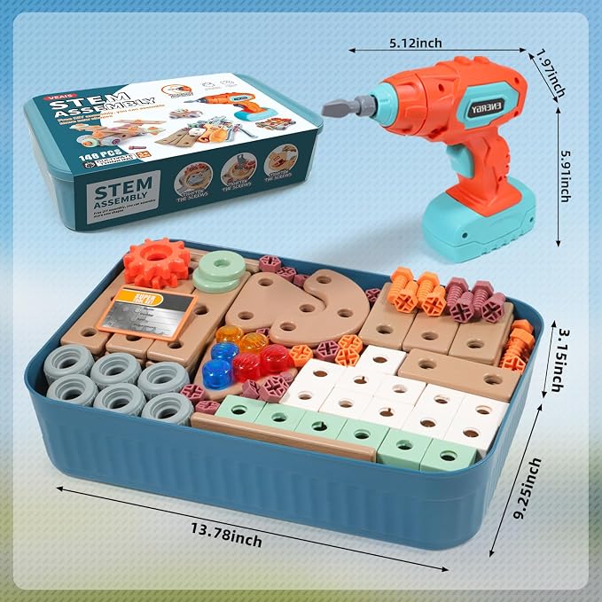 VEAIS Kids Tool Set with Drill, 148Pcs Tool Set with Toolbox,STEM Montessori Toys for 3-5Year Old, Educational Construction Toy, Pretend Play Toys for 3 4 5 6 Year Old Boys, Birthday Gift for Kids