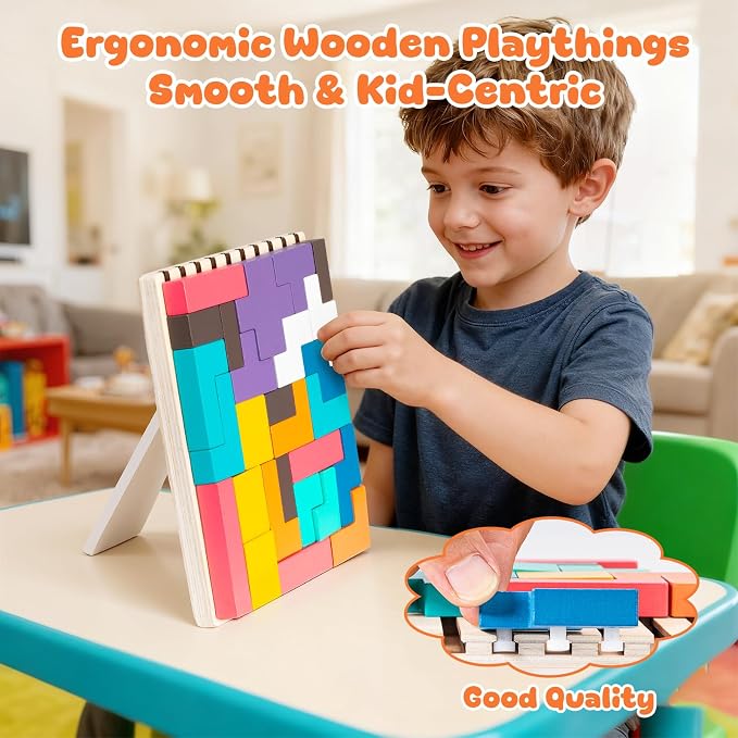 Wooden Colored 3D Russian Block Puzzle Travel Toy, Montessori Educational Gift for Kids Ages 3–6 with 28 Wood Blocks & Storage Bag, Wooden Stacking Puzzle Toy (Travel Size)