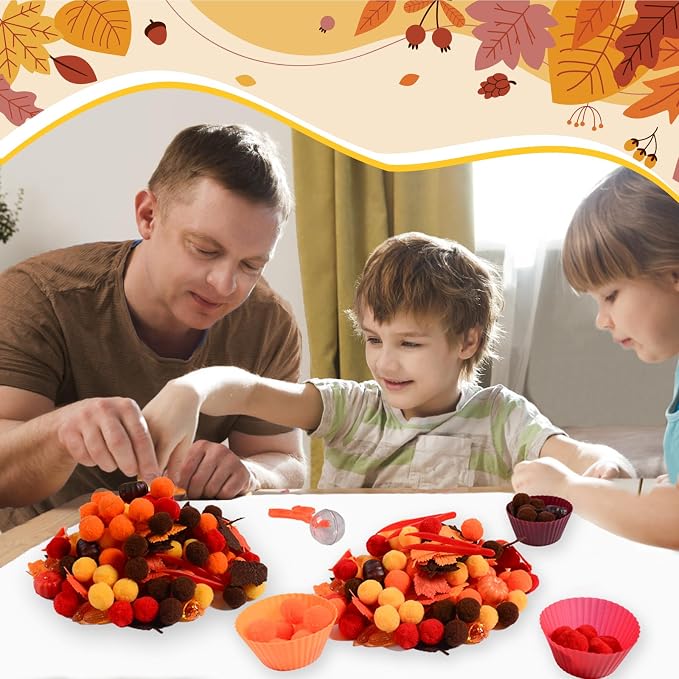 212Pcs Fall Sensory Bin Filler Fine Motor Toys Thanksgiving Sensory Bin Items Counting Sorting Toy 100 Pompoms 60 Felt Leaves 16 Acorns 16 Corns 6 Foam Pumkins for Preschool Education Activities