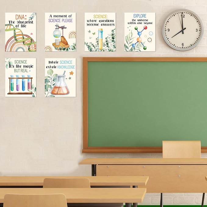 HOURIA Boho Science Canvas Wall Art,Colorful Chemistry Physics Decor | Set of 6 (8”x10” Framed) Science Bulletin Board Sets Wall Decor for Classroom,Middle School,Lab