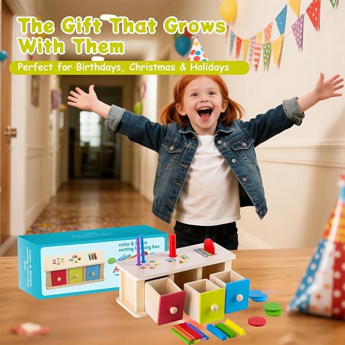 Montessori Toys Wooden Color & Shape Sorter Toys for Toddlers 1-3，Color Matching Toys，Educational Fine Motor Skills Toys, Preschool Learning Educational Toy for 1 2 3 Year Old Boy Girl Kid Gifts